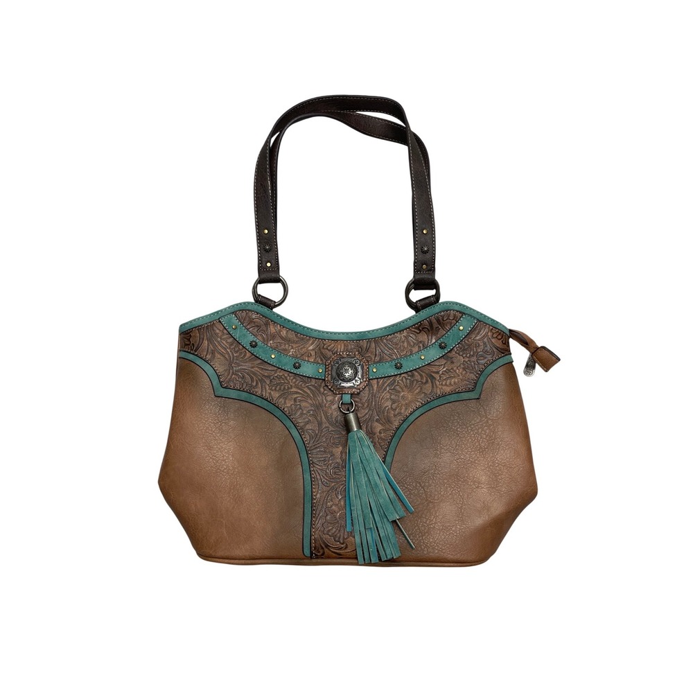 Justin Boots Turquoise & Brown Fringe Shoulder Purse Country Western Cowgirl
